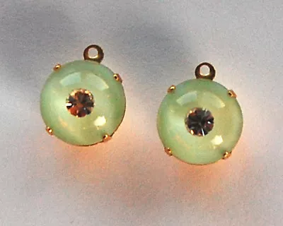 VINTAGE MOONSTONE GLASS W/ Swarovski RHINESTONE PENDANT BEADS In Brass• 12mm • $3.99