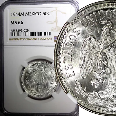 Mexico ESTADOS UNIDOS Silver 1944 M 50 Centavos NGC MS66 GEM BU KM# 447 (029) • $65