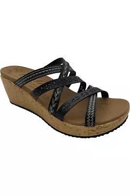 Skechers Beverlee Vegan Wedge Strappy Sandals Tiger Posse Black • $37.99