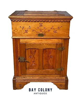 Victorian Oak Floral Carved Ice Chest With Zinc Lining & Phoenix Head Hardware • $1675