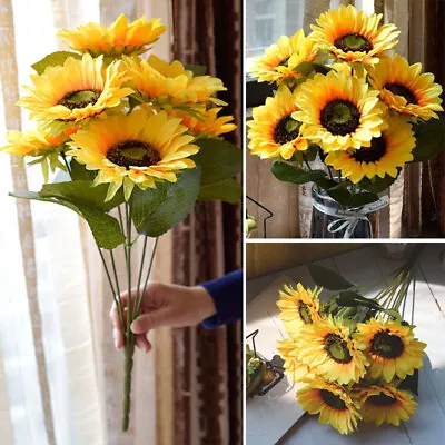 7 Heads Large Artificial Sunflowers Fake Flower Bouquet Home Party Decor UK • £6.64