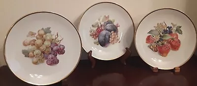 $15 • Buy 3 Vtg. ESCHENBACH Salad/Desert PLATES Gold Rim Fruits Germany Baronet China EUC