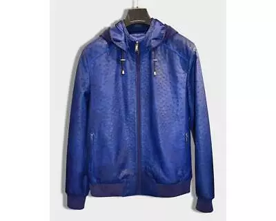 Real Ostrich Embossed Leather Men's Navy Blue Handmade Hoodie Jacket • $109.69