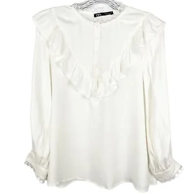 $32.25 • Buy Zara White Long Sleeve Ruffle Embroidered Peasant Blouse Women Size XS