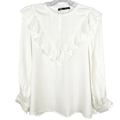 $32.25 • Buy Zara White Long Sleeve Ruffle Embroidered Peasant Blouse Women Size XS