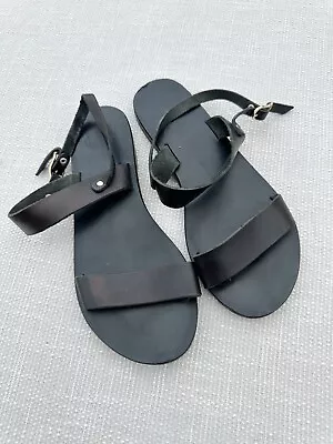 Ms Ancient Greek Sandals Clio Double Band Black Leather Flats Shoes 37 US 7 • $30
