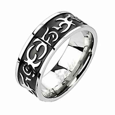 Black Tattoo Band Mens Stainless Steel Ring Sizes 9-14 Biker Jewelry Comfort Fit • $8.99