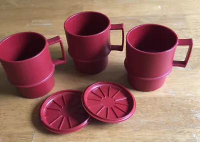 Vintage Set Of 3 Tupperware Coffee Cups Mugs With 2 Coasters/Lids Burgundy #1312 • $19.99