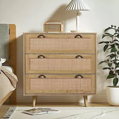 Modern Rattan Wood Chest Of 3 Drawer Dresser Storage Cabinet For Living Bedroom • $179.99