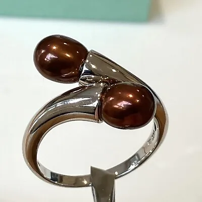 Elegant 925 Sterling Silver Bronze Pearl Bypass Cocktail Ring Size U 1/2 QVC • £34
