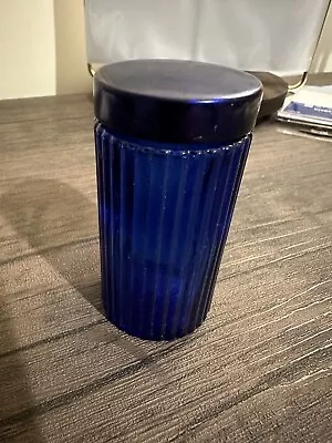 Vtg Cobalt Blue Glass Ribbed Apothecary Bottle Metal Threaded Lid 15 On Bottom • $11.21