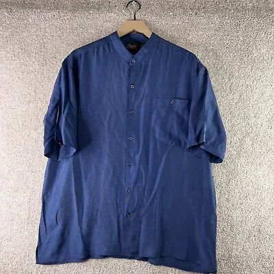 VINTAGE Silk Shirt Mens XL Blue Button Up Short Sleeve John Blair Collard Casual • $11.33