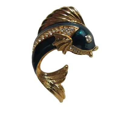 Vintage Gold Tone Green Enamel Rhinestone Fish Brooch Pin • $11.79