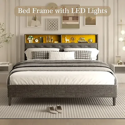LED Bed Frame With Storage Headboard Queen Size Platform Mattress Base Wooden • $279.95