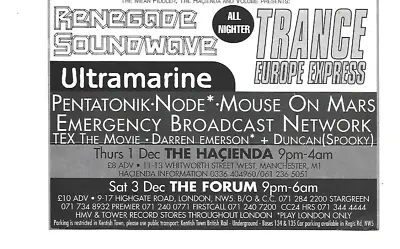 Trance Europe Express. 1992. Events Flyer As Postcard - Hacienda & London. B&w • £8