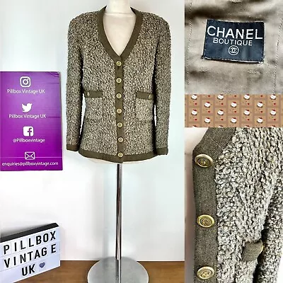 80s Chanel Boutique Boucle Jacket Vintage Size 12/14 UK Iconic Green Camelia • £2200