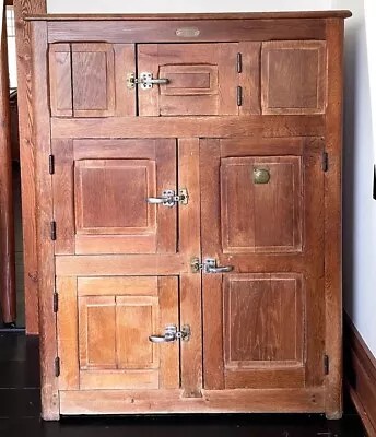 A Large Antique Oak Paneled Ice Box - Original Lined Interiors • $950