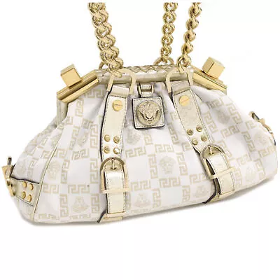 VERSACE White And Gold Bag With Chain Handles Hand Bag Satin Leather U01T • $552.97