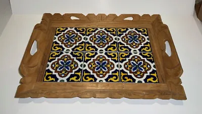 Vintage Talavera Mojolica Mexican Tile/hand Carved Wooden Tray • $60