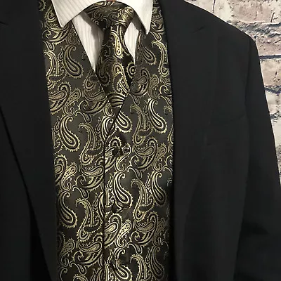 Gold Black XS To 6XL Paisley Tuxedo Suit Dress Vest Waistcoat & Neck Tie Wedding • $26.86