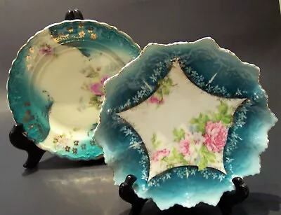 Vintage 2 Transfer Hand Painted Roses C1900 Cabinet Plates Aqua Pink Bavaria  • £43.70