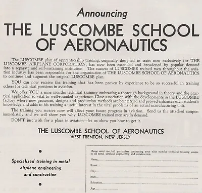 Aviation Magazine Print - Luscombe School Of Aeronautics (1937) • $13