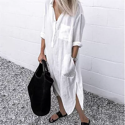 Plus Size Womens Cotton Linen Maxi Shirt Dress Kaftan Casual Baggy Long Tops 16 • $30.19