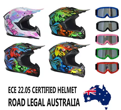 Youth Kids Motocross Helmet Motorcycle + Goggles Dirt Bike Australian Approved • $89.95