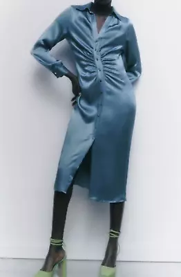 £29.99 • Buy Zara Light Blue Satin Shirt Dress With Gathered Detail Size L 8227/685 Bnwt