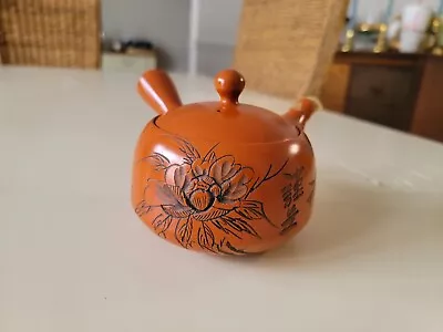 Vintage Japanese Tokoname Kyusu Teapot Hand Carved Flower Orange Red Brown • $40