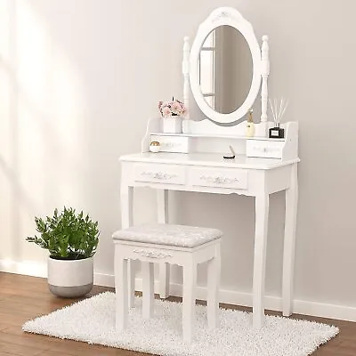 Vanity Makeup Dressing Table Stool Set W/4 Drawers& Mirrors Wood Desk White • $105.99