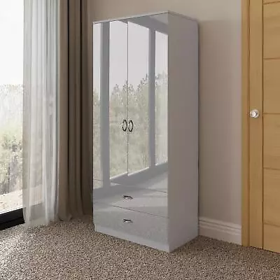 Grey Gloss Wardrobe 2 Door 2 Drawer Combination Bedroom Wardrobe Matt Grey Frame • £179.99