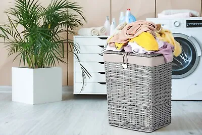 Premium Grey Paint Laundry Wicker Basket Cotton Lining With Lid Bathroom Storage • £31.99