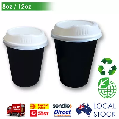 Take Away Single Wall Black Coffee Cups & Sipper Or Flat Lids Bulk Cup 8oz/12oz • $22