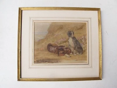 Very Fine Antique Watercolour Of Two Hunting Dogs At Rest In A Landscape • £55