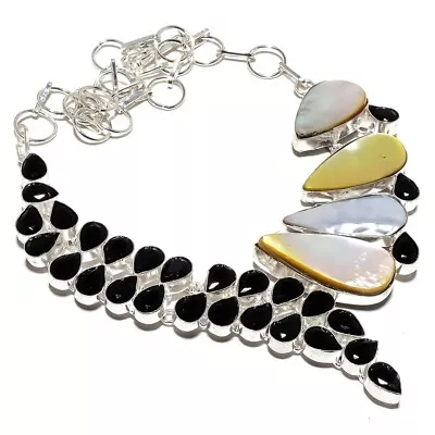 Mother Of Pearl Onyx Gemstone Handmade 925 Sterling Silver Jewelry Necklace 18  • $35