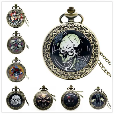 Christmas Skull Vintage Bronze Men Women Quartz Pocket Watch Necklace Chain Gift • $4.87