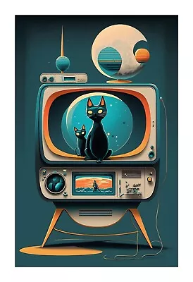 1950s Cat TV - A Mid Century Modern Atomic Age TV With 2 Sassy Blacks Cat Tvc3 • $19.99