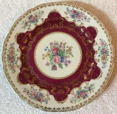 VICTORIA China Czechoslovakia Floral Rose 10 3/4  DINNER PLATE Magenta Gold Trim • $15.99