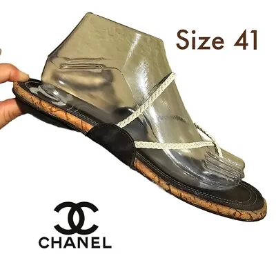 Chanel *Authentic* Woven Strap Flip Flop Toe Loop Cork Sandals Size Euro 41 • £257.27