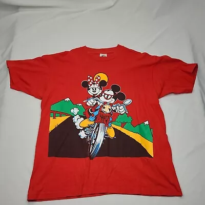 VTG 90s SINGLE STITCH T Shirt Mickey & Co Mickey Minnie Mouse Motorcycle Red XL • $27.99
