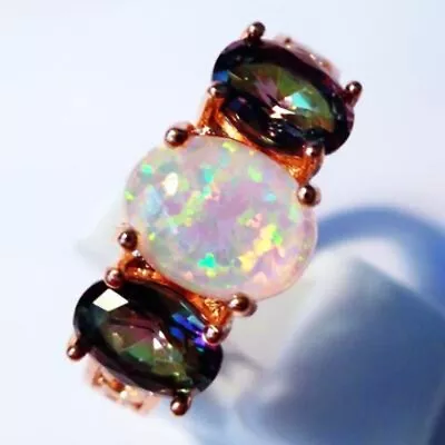 BEAUTIFUL WHITE FIRE OPAL/MYSTIC TOPAZ  ROSE GOLD  PLATED  RING UK Size R  US 9 • $27.34