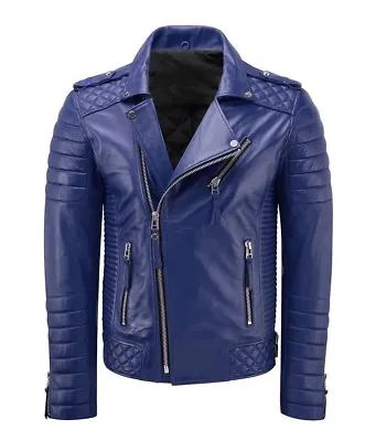 New Men's Genuine Lambskin Leather Jacket Blue Slim Fit Motorcycle Biker Jacket • $126.65