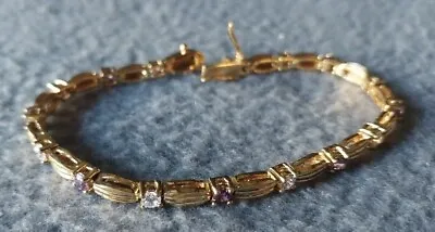 6.75” Gold 925 Sterling Silver Clear & Purple CZ Tennis Bracelet W/ Box Clasp • $26.95