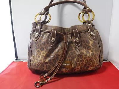 PM2 Kim Rogers Canvas Animal Print BROWN Tortoise Hobo Drawstring Bag Purse • $16