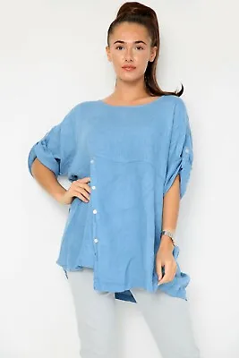 New Lightweight Womens Lagenlook Casual Linen Quirky Button Design Tunic Top • £21.99