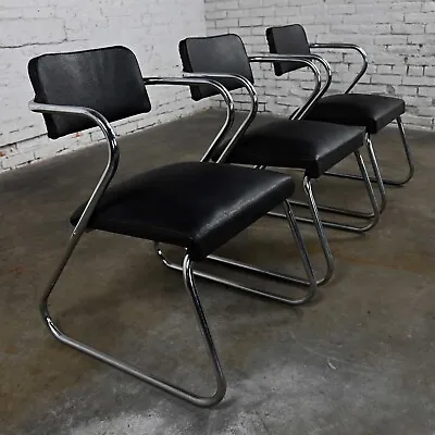 Art Deco Set 3 Chrome Tube & Black Faux Leather Chairs Attr To Kem Weber Z Chair • $2495