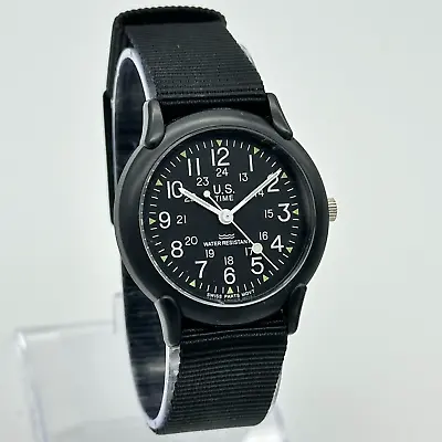 Men's US TIME Camper Classic Military Style All Black Watch Nylon Band 36mm • $39.99