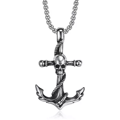 Stainless Steel Men Anchor Skull Pendant Necklace With Box Chain • $9.99
