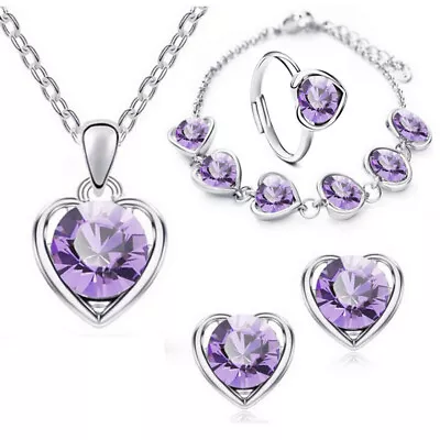 925 Silver Heart Crystal Chain Ring Earrings Necklace Set Womens Wedding Jewelry • $3.57